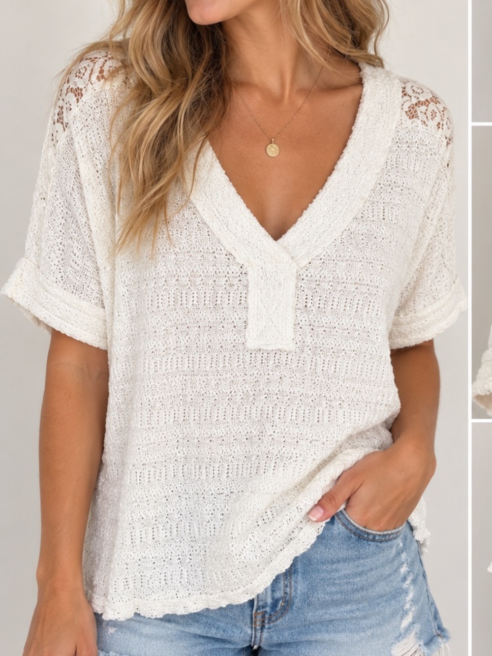 Daytrip Lace V-Neck Top Short Sleeve Size Medium